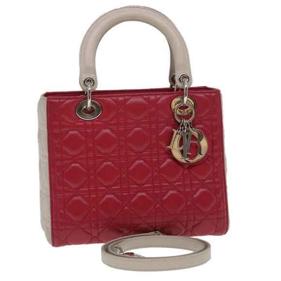 DIOR Lady Cannage Medium Hand Bag Lamb Skin Red White - Picture 1 of 14